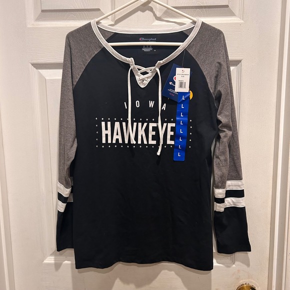 NWT Champion Iowa Hawkeyes Lace Up Raglan Long Sleeve T Shirt Women's Large - Picture 2 of 7